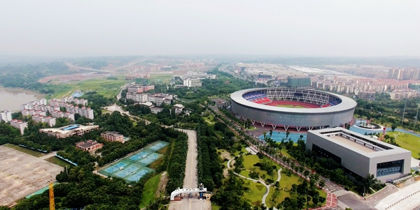 Aerial view of Southwest Medical University campus and Luzhou city stadium, Sichuan Province